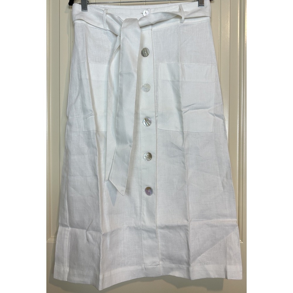 New Skylar + Madison Midi Skirt mother of pearl button L high waist 100% linen